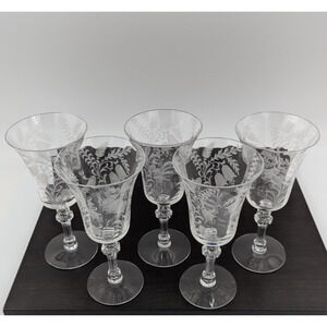 Vintage Etched Water Goblet Glass Set of 5 Goblets- Fuchsia by Tiffin-Franciscan